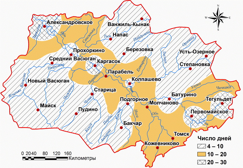 Распределение средней суммы числа дней с метелью на территории Томской области.jpg